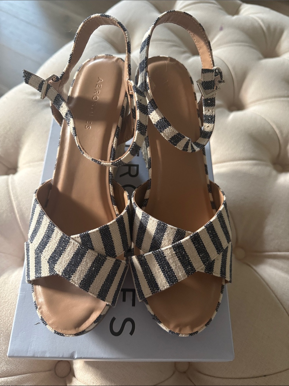 AEROSOLES Navy and Cream Striped Slingback Wedge Sandals